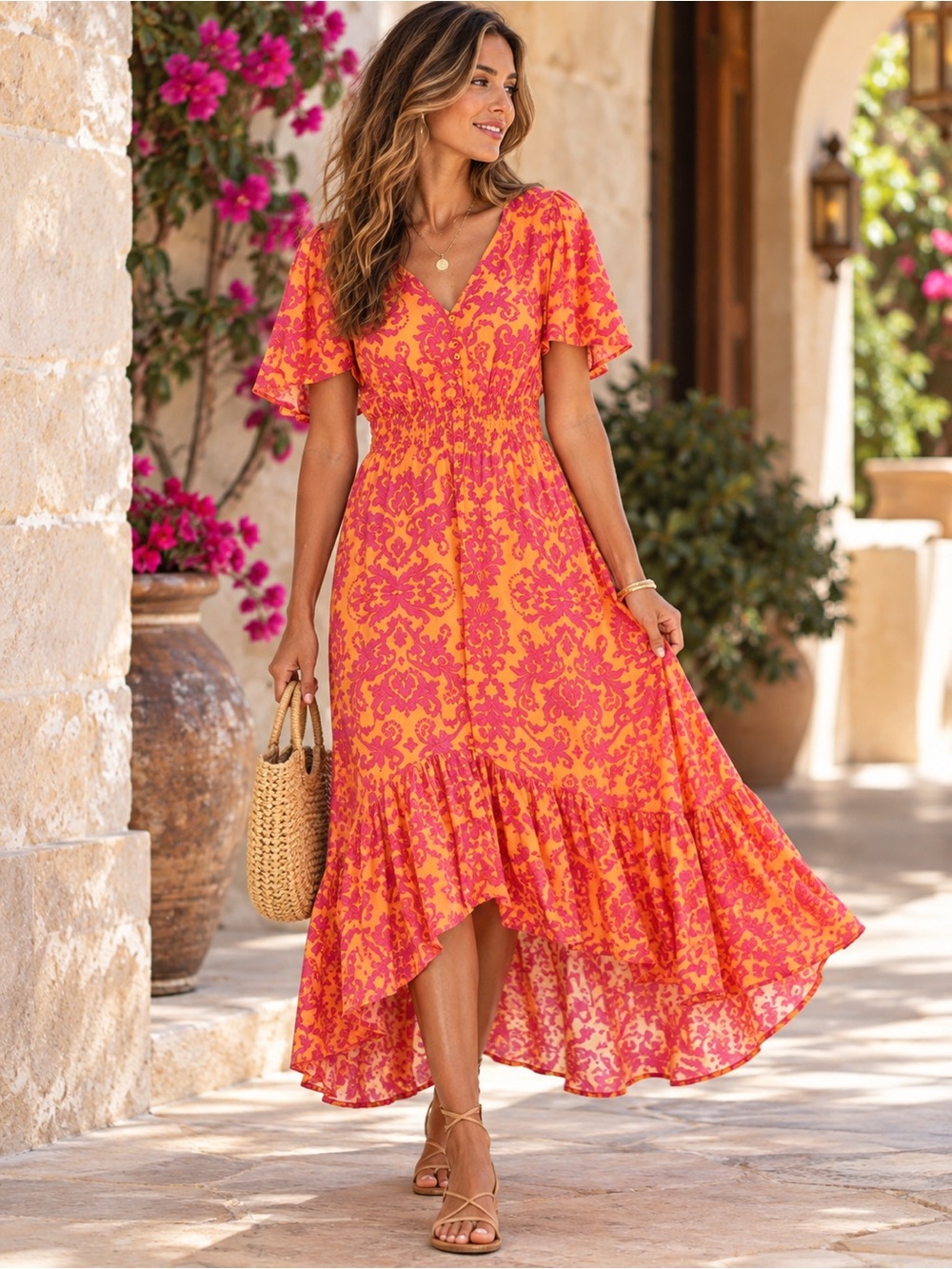 Abel The Label Maya Boho Floral High Low Midi Maxi Dress Pink Orange S